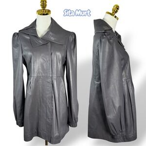 Sita Murt Gray Leather Jacket Womens Large Puff Shoulder Pleated Peplum Coat